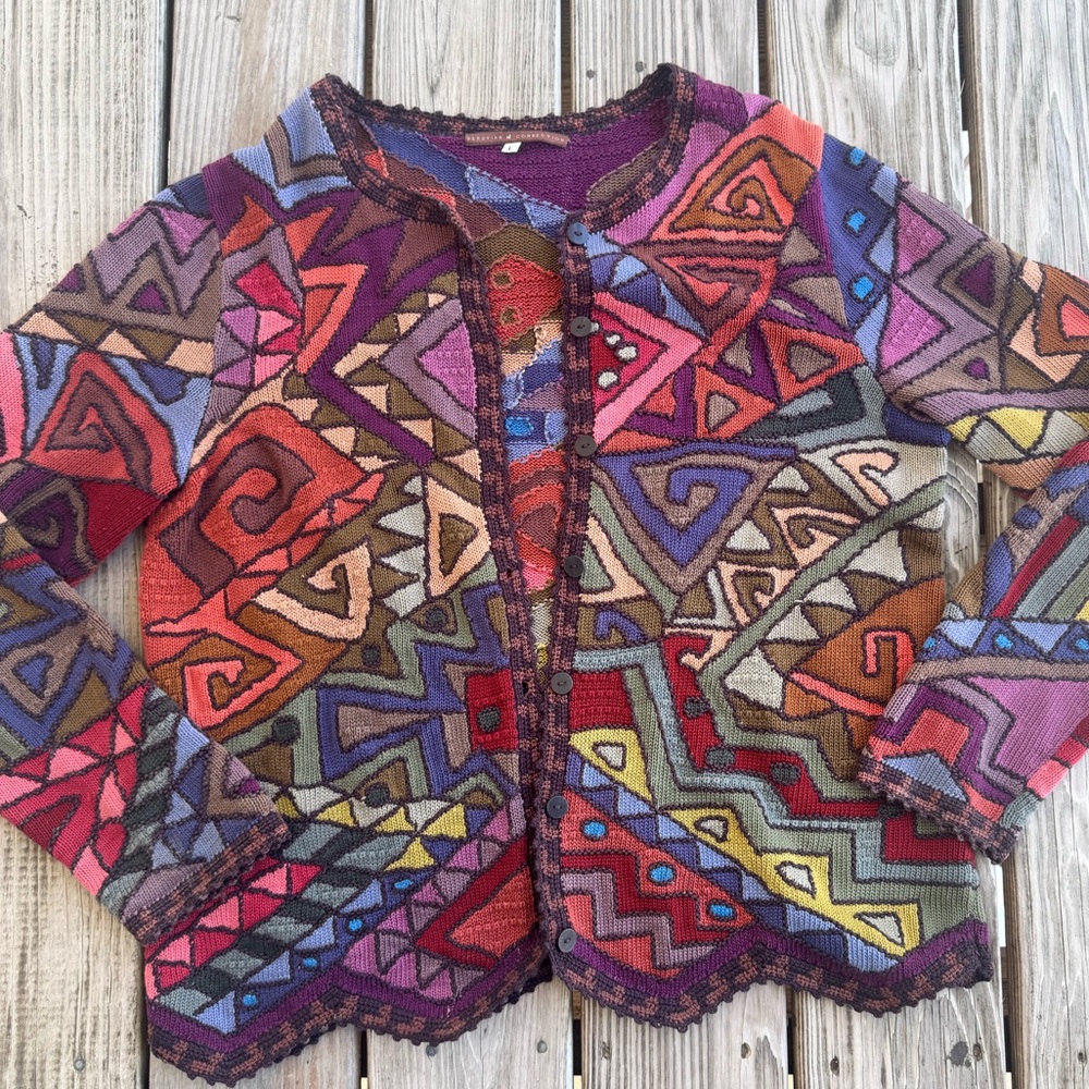 Peruvian Connection Colorful Geometric Pattern Cardigan